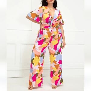 Eloquii Elements Abstract Print Jumpsuit Women's 24 Multicolor Artsy Retro 90s